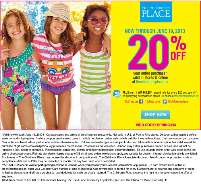 20% Off Entire Purchase @ The Children’s Place | Sarnia Mom Source